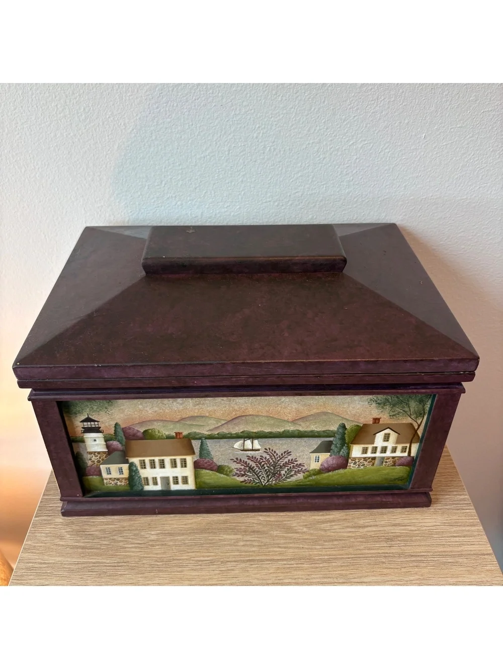 Keepsake Box Hand-Painted Coastal Lighthouse Wooden Folk Art Decor